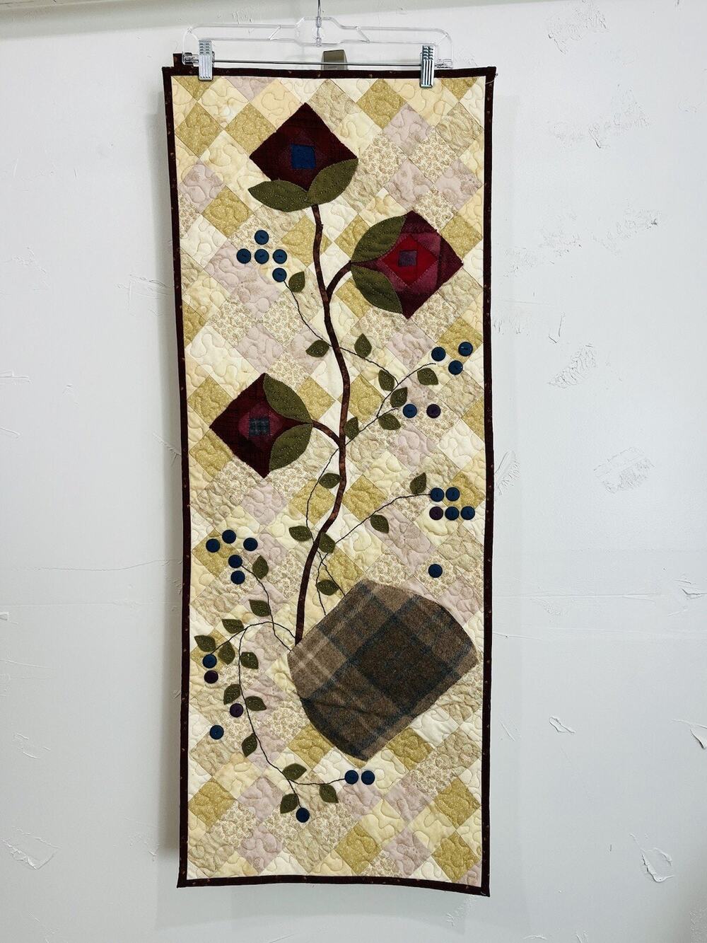 Quilted Wool Applique & Buttons Wall Hanging Roses Red Flowers Runner Long Tapes